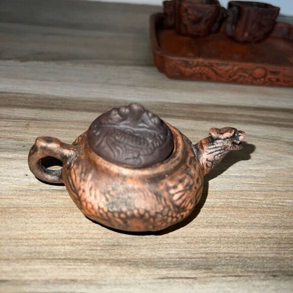 Yixing Zi Ni Vintage Brown Clay Miniature Tea Pot Set With Tray Carved 6 Piece - Picture 11 of 11